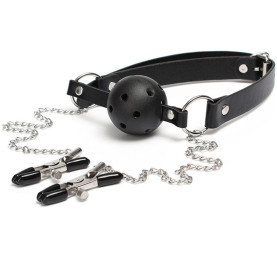 Mouth Ball Gag With Adjustable Clips Nipple Teaser Clamps Leather Strap Breathable SM Bondage Sex Toy