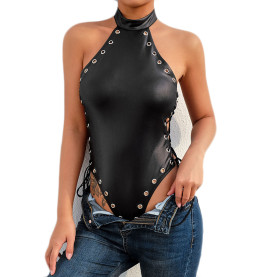 Womens Sexy Faux Leather Bodysuit Clubwear Stripper Fun Dress Cosplay Babydoll Lingerie Gift for Girlfriend
