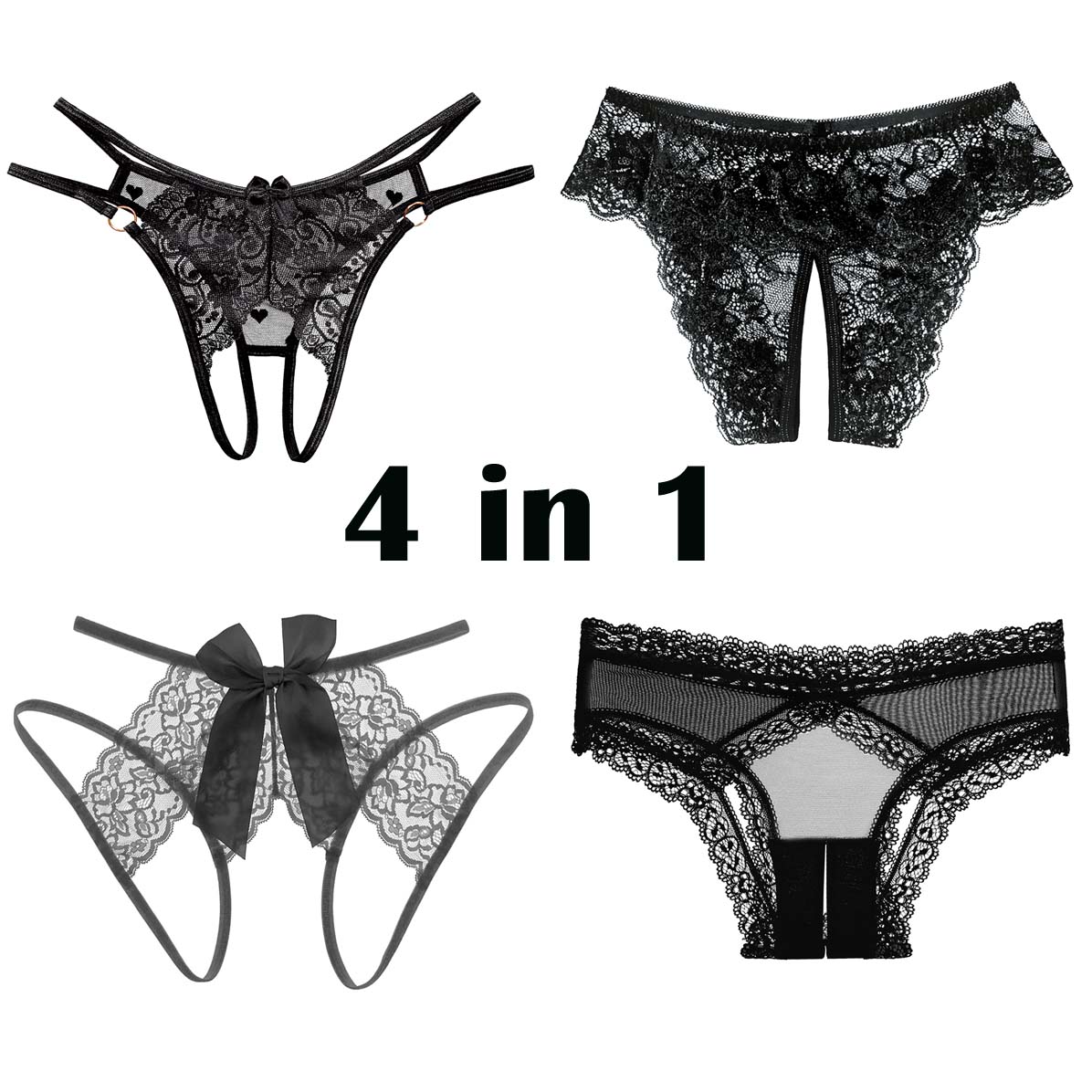 Women's 4in1 Sexy Panties Black Collection Low Rise Crotchless Thong Lingerie Lace G-string Sleepwear Clothing Dresses Backless Knicker for Girlfriend Wife