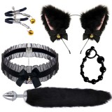 5pcs Set Anal Plug Butt Beads Fox Tail Plush Cat Ears Headband Nipples Clips Cosplay Fancy Dress Up BDSM Fetishwear Costume Bondage Gear Adult Sex Toy for Role Game Play