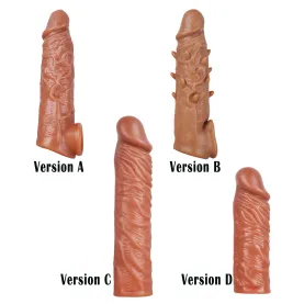Silicone Penis Sleeve Extender Cock Enlarger Testicle Restraint Male Realistic Reusable Condom Prolonged Ejaculation Delayed Ring Sheath Sex Toys for Men
