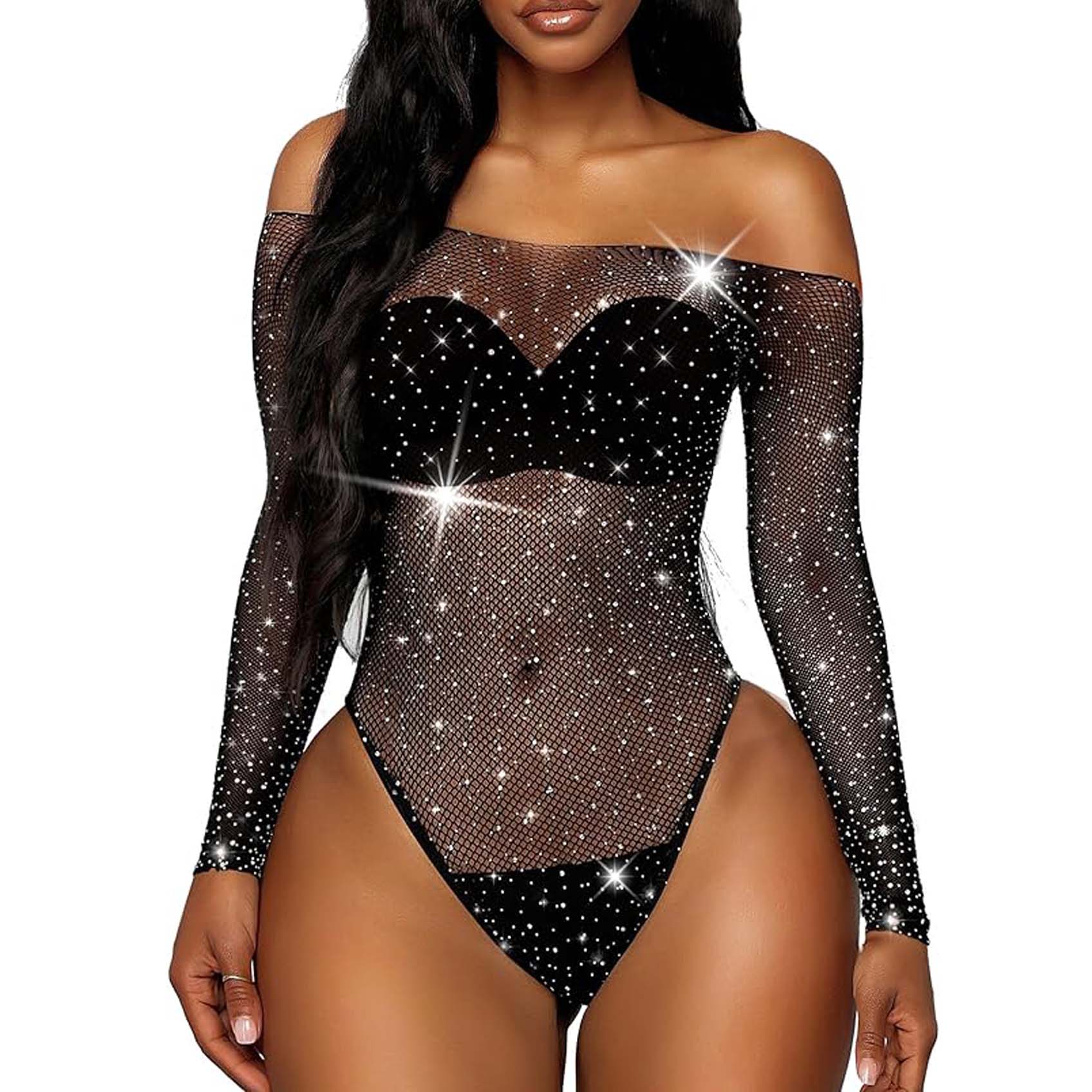 Women Sparkle Sexy Bodysuit Fishnet Rhinestone Sheer Teddy Lingerie Leotard Top Bodystocking Mesh Nightclub Sleeves Sleepwear Nightwear for Couple Sex