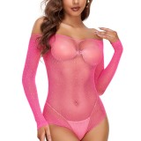 Women Sparkle Sexy Bodysuit Fishnet Rhinestone Sheer Teddy Lingerie Leotard Top Bodystocking Mesh Nightclub Sleeves Sleepwear Nightwear for Couple Sex